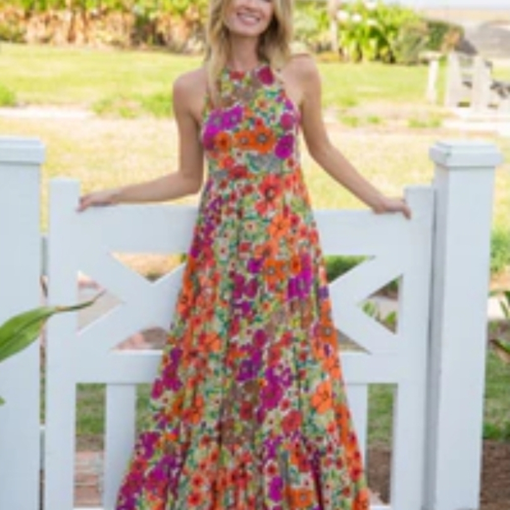 Vibrant Floral Halter Maxi Dress